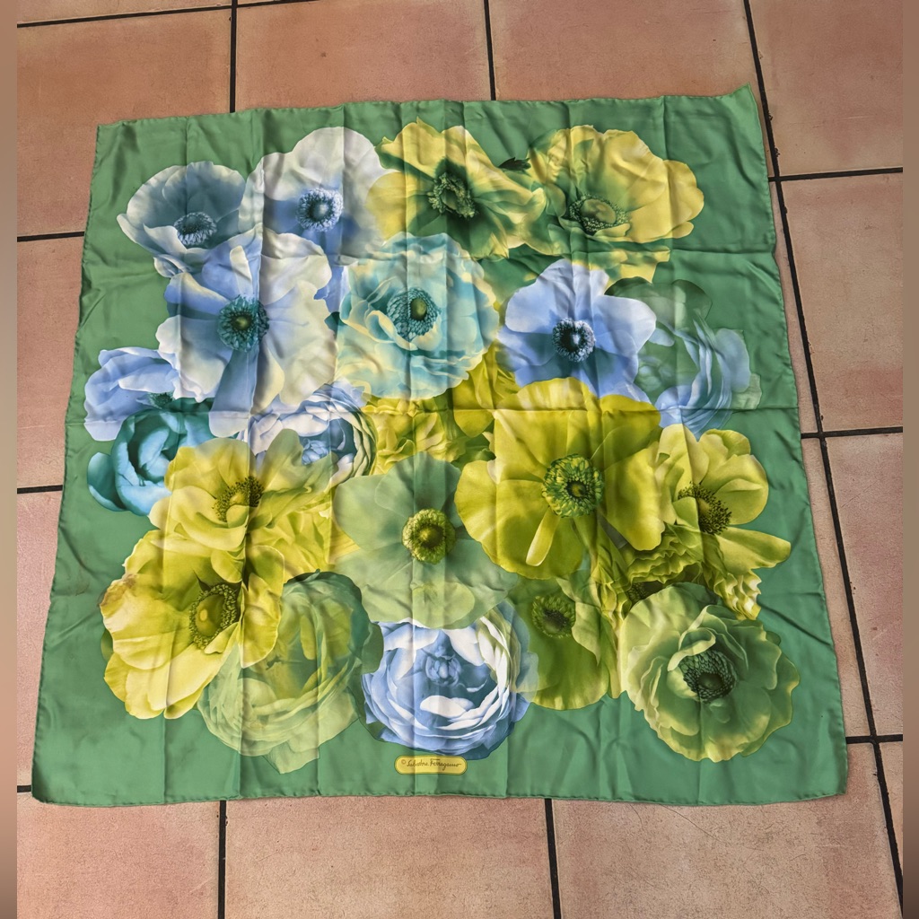 Salvatore Ferragamo Green Floral Silk Scarf With Yellow  Blue Blooms